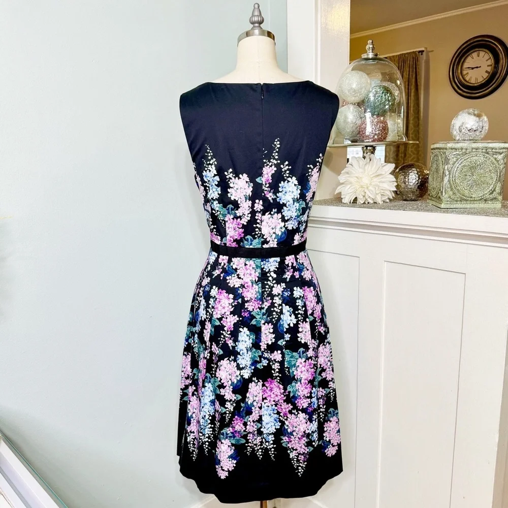 Talbots Floral Sateen Fit & Flare Dress Black Purple Blue White Flowers Size 10 - Picture 6 of 10